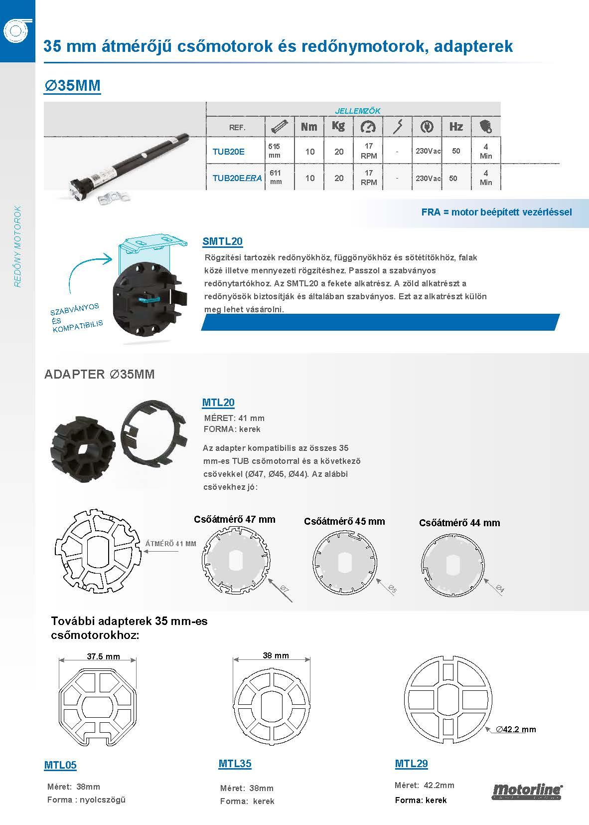 35mm átmérőjű csőmotorok, redőnymotorok és adapterek