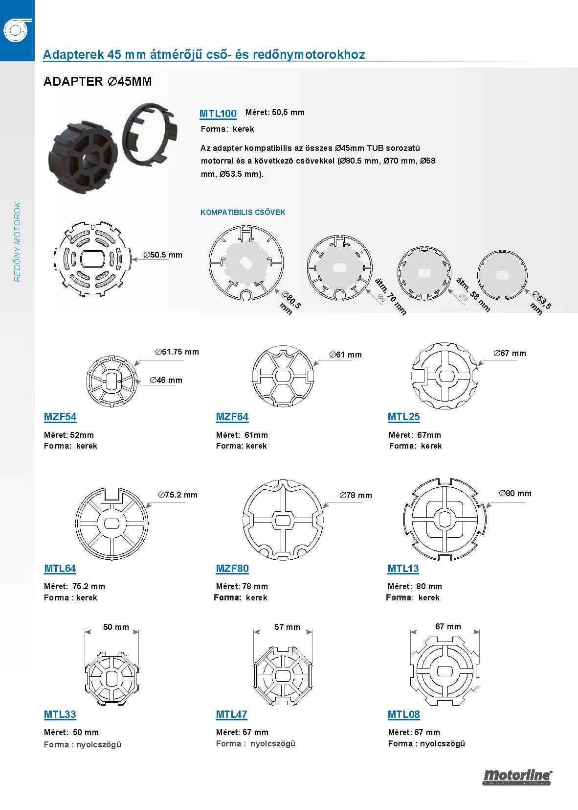 45 mm-es csőmotor és redőnymotor adapterek